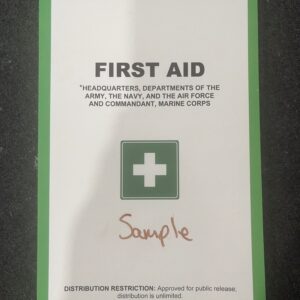 First Aid informational poster with a green cross symbol and handwritten 'Sample'.