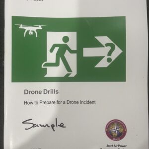 Instructional sign for drone drills and emergency preparedness.